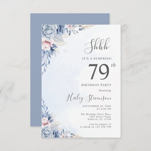 Waterverf Dusty Blue Surprise 79ste verjaardagsfee Kaart (Voorkant / Achterkant)