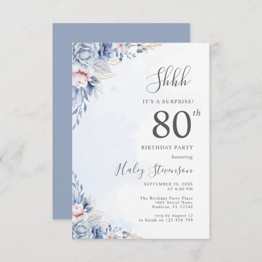 Waterverf Dusty Blue Surprise 80ste verjaardagsfee Kaart (Voorkant / Achterkant)