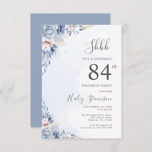 Waterverf Dusty Blue Surprise 84ste verjaardagsfee Kaart (Voorkant / Achterkant)