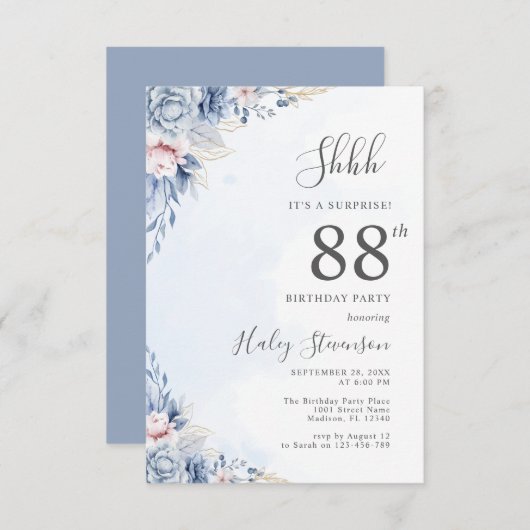 Waterverf Dusty Blue Surprise 88ste verjaardagsfee Kaart (Voorkant / Achterkant)