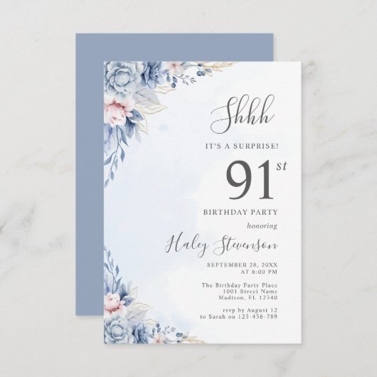 Waterverf Dusty Blue Surprise 91ste verjaardagsfee Kaart (Voorkant / Achterkant)