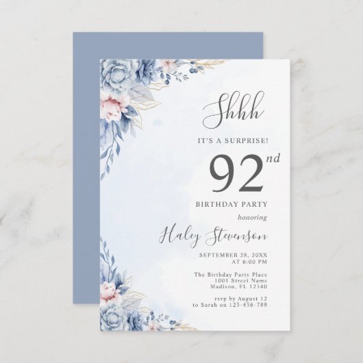 Waterverf Dusty Blue Surprise 92e verjaardagsfeest Kaart (Voorkant / Achterkant)