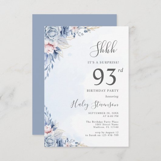 Waterverf Dusty Blue Surprise 93ste verjaardagsfee Kaart (Voorkant / Achterkant)
