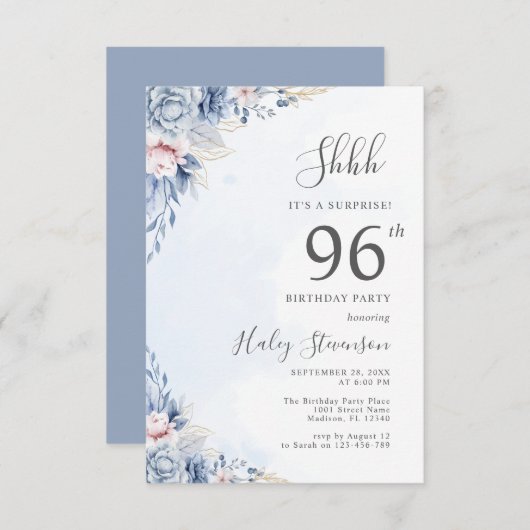 Waterverf Dusty Blue Surprise 96e verjaardagsfeest Kaart (Voorkant / Achterkant)