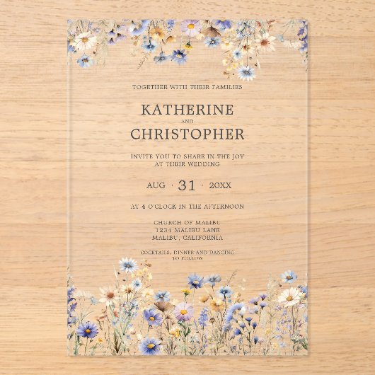 Waterverf Dusty Blue Wildflower Elegante bruiloft Acryl Uitnodigingen (Voorkant)