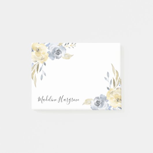 Waterverf Dusty Blue & Yellow Floral gepersonalise Post-it® Notes (Voorkant)