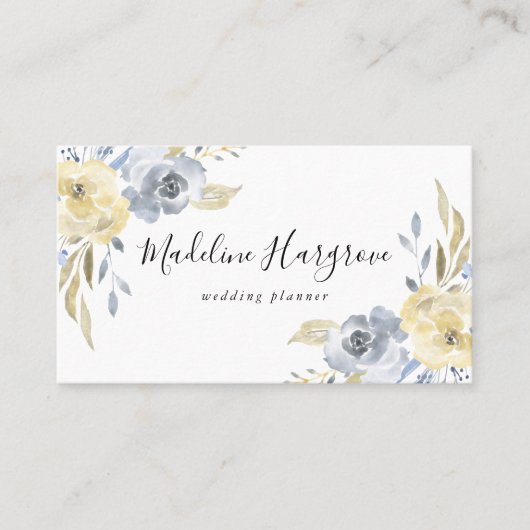 Waterverf Dusty Blue & Yellow Floral Visitekaartje (Voorkant)