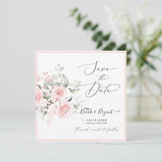 Waterverf Dusty Blush Pink Roses Save the Date Kaart (Staand voorkant)