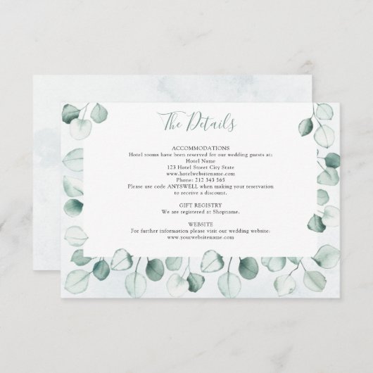 Waterverf Dusty Eucalyptus Leaf bruiloft details Informatiekaartje (Voorkant / Achterkant)