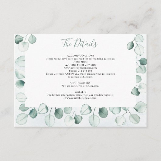 Waterverf Dusty Eucalyptus Leaf bruiloft details Informatiekaartje (Voorkant)