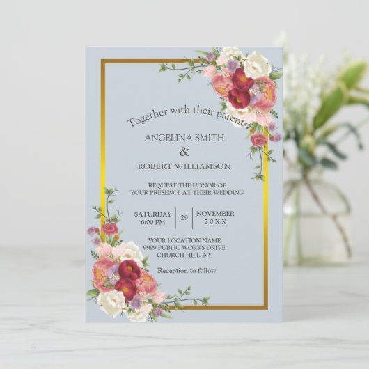 Waterverf Dusty Grey Gold Blush Pink Floral Kaart (Staand voorkant)