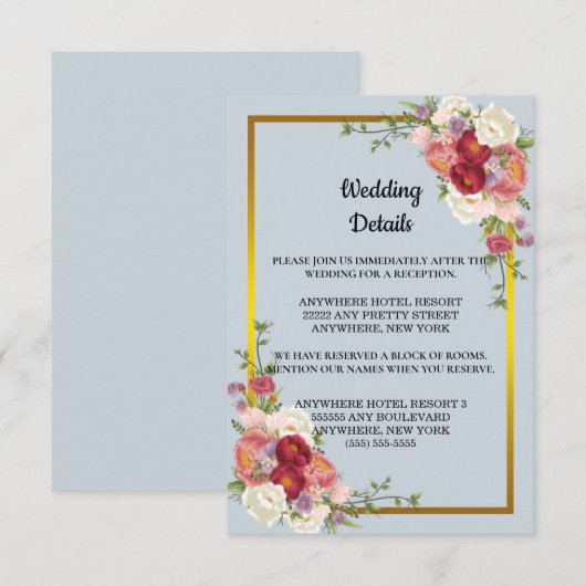 Waterverf Dusty Grey Gold Peach Floral Wedding Informatiekaartje (Voorkant / Achterkant)