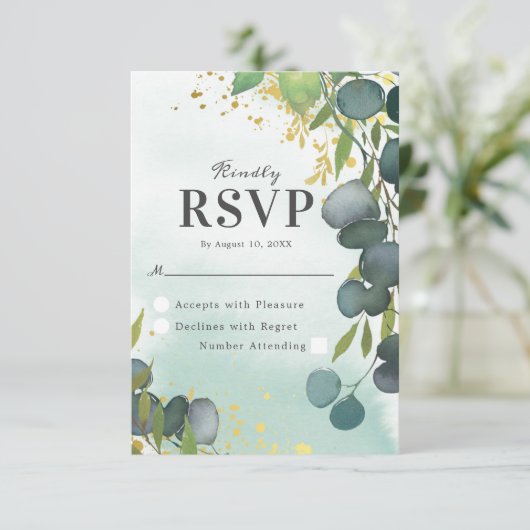 Waterverf Dusty Groen Goud Bruiloft RSVP (Staand voorkant)