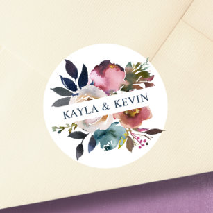 Waterverf Dusty Mauve Roos Blue Floral Wedding Ronde Sticker