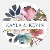 Waterverf Dusty Mauve Roos Blue Floral Wedding Ronde Sticker (Voorkant)