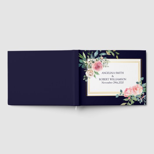 Waterverf Dusty Navy Gold Blush Peach Wedding Gue Gastenboek (Volledig)