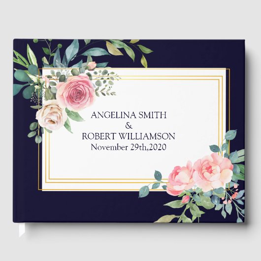 Waterverf Dusty Navy Gold Blush Peach Wedding Gue Gastenboek (Voorkant)