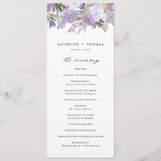 Waterverf Dusty Purple Flowers Wedding Ceremony Programmakaart (Voorkant)