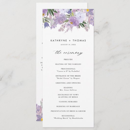Waterverf Dusty Purple Flowers Wedding Ceremony Programmakaart (Voorkant / Achterkant)
