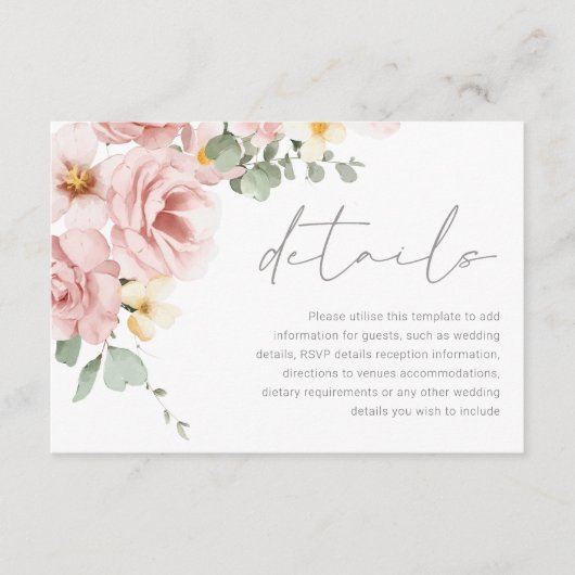 Waterverf Dusty Roos bruiloft details Informatiekaartje (Voorkant)
