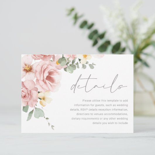 Waterverf Dusty Roos bruiloft details Informatiekaartje (Staand voorkant)