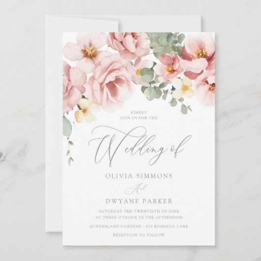 Waterverf Dusty Roos Bruiloft Kaart (Voorkant)