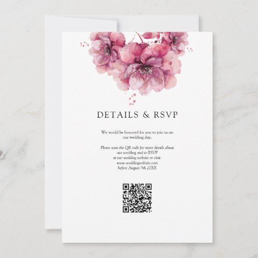 Waterverf Dusty Roos Floral QR Code Bruiloft Kaart (Achterkant)