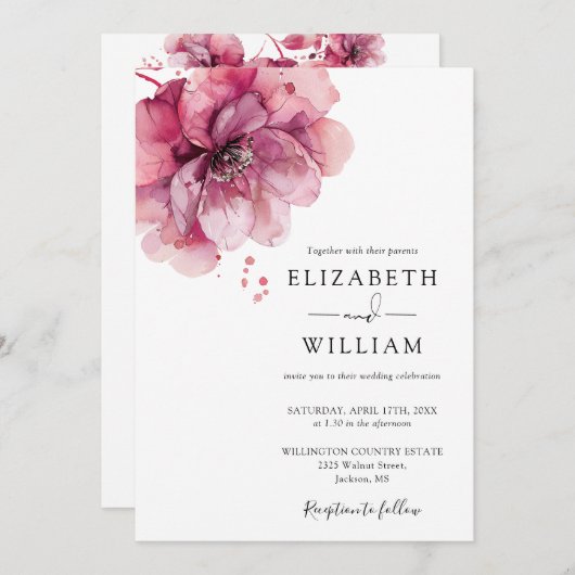 Waterverf Dusty Roos Floral QR Code Bruiloft Kaart (Voorkant / Achterkant)