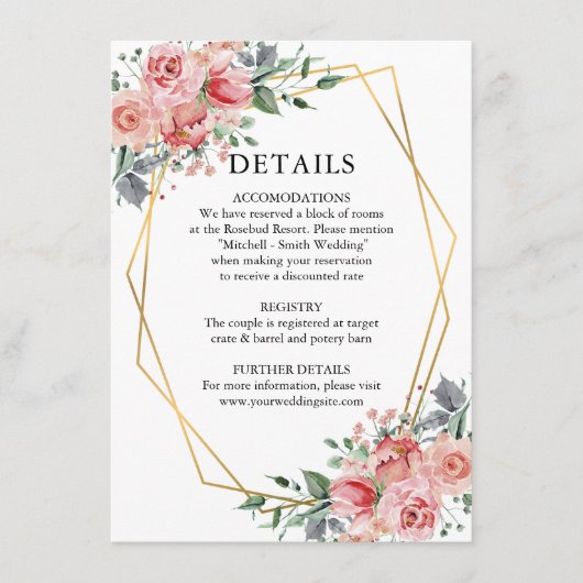 Waterverf Dusty Roos Roze Bloemen Bruiloft DETAILS Informatiekaartje (Voorkant)