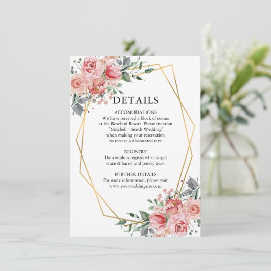 Waterverf Dusty Roos Roze Bloemen Bruiloft DETAILS Informatiekaartje (Staand voorkant)