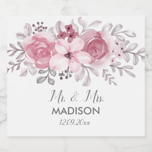 Waterverf dusty roze Flowers bruiloft Sparkling Wijnetiket (Enkel label)