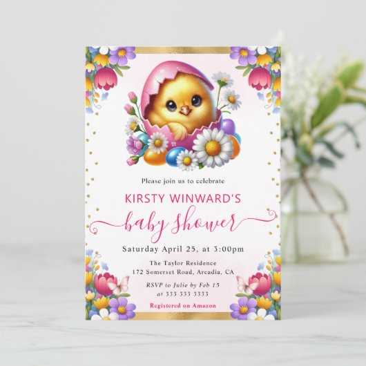 Waterverf Easter Chick Spring Flowers Baby shower Kaart (Staand voorkant)