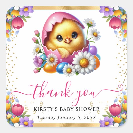 Waterverf Easter Chick Spring Flowers Baby shower Vierkante Sticker (Voorkant)