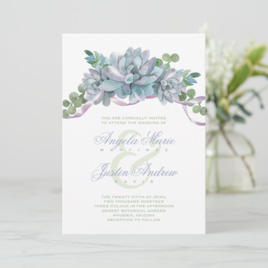 Waterverf Echeveria met Paarse lint Kaart (Staand voorkant)