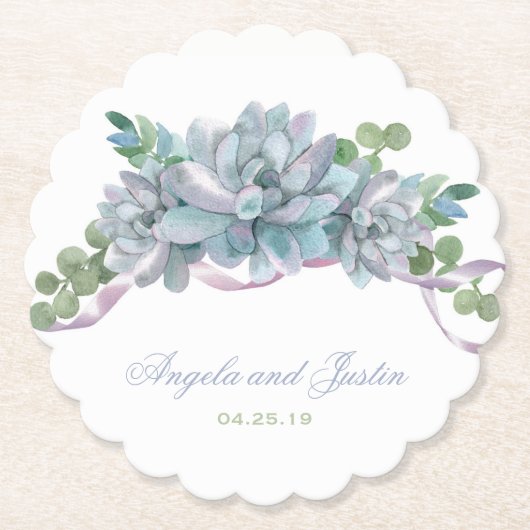 Waterverf Echeveria met Paarse lint Kartonnen Onderzetters (Voorkant)