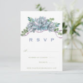 Waterverf Echeveria met Paarse Lint RSVP Kaartje (Staand voorkant)
