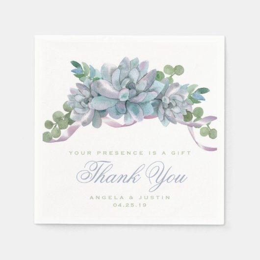 Waterverf Echeveria met Paarse lint Servet (Voorkant)