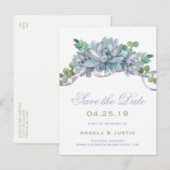 Waterverf Echeveria Paarse lint Save the Date Aankondigingskaart (Voorkant / Achterkant)