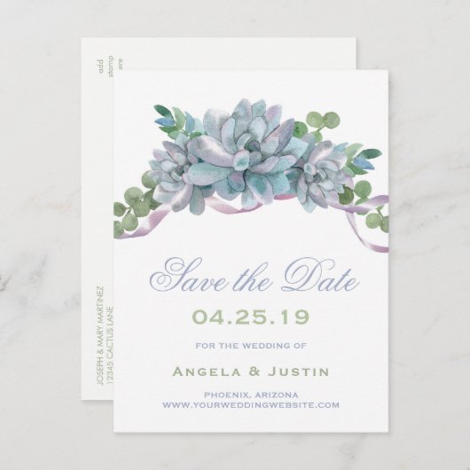Waterverf Echeveria Paarse lint Save the Date Aankondigingskaart (Voorkant / Achterkant)