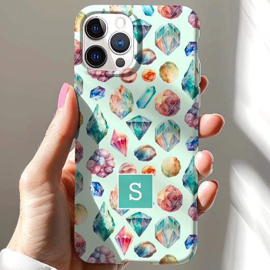 Waterverf edelstenen en kristallen patroonmonogram Case-Mate iPhone case