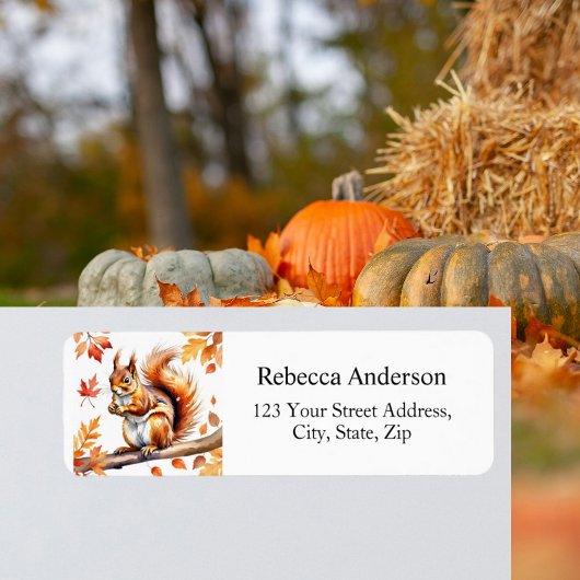 Waterverf Eekhoorn en Fall Leaves Retouradres Etiket
