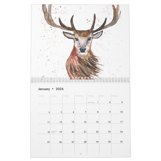Waterverf eekhoorn vos deer bos kalender (Jan 2026)