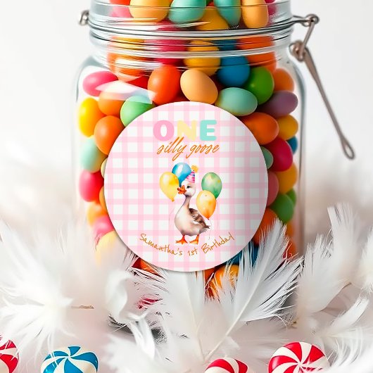 Waterverf Een Gekke Gans Roze 1e Verjaardag Ronde Sticker