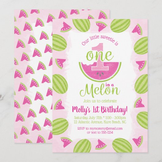 Waterverf Een in een Meloen 1e Verjaardag Roze Kaart (Voorkant / Achterkant)