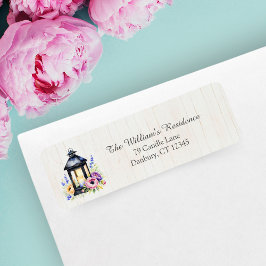 Waterverf Een rustieke lantaarn met pioenen Etiket