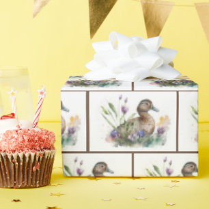 Waterverf eend in bloemen cadeaupapier
