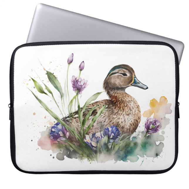 Waterverf eend in bloemen laptop sleeve (Voorkant)