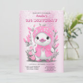 Waterverf Eend Roze Bloem 1e Verjaardag Kaart (Staand voorkant)