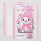 Waterverf Eend Roze Bloem 1e Verjaardag Kaart (Voorkant / Achterkant)