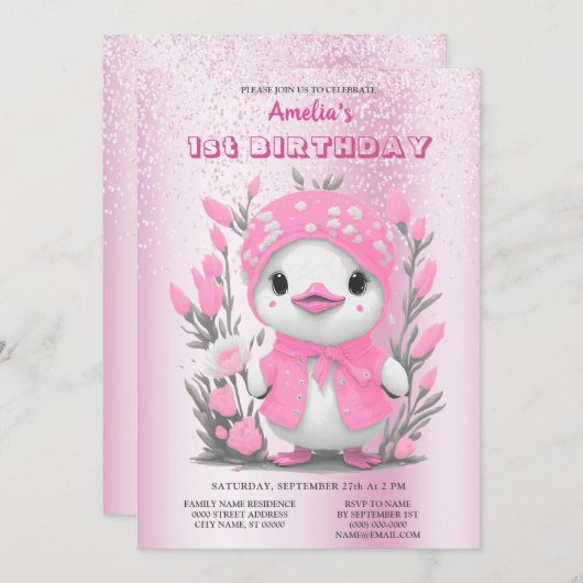 Waterverf Eend Roze Bloem 1e Verjaardag Kaart (Voorkant / Achterkant)